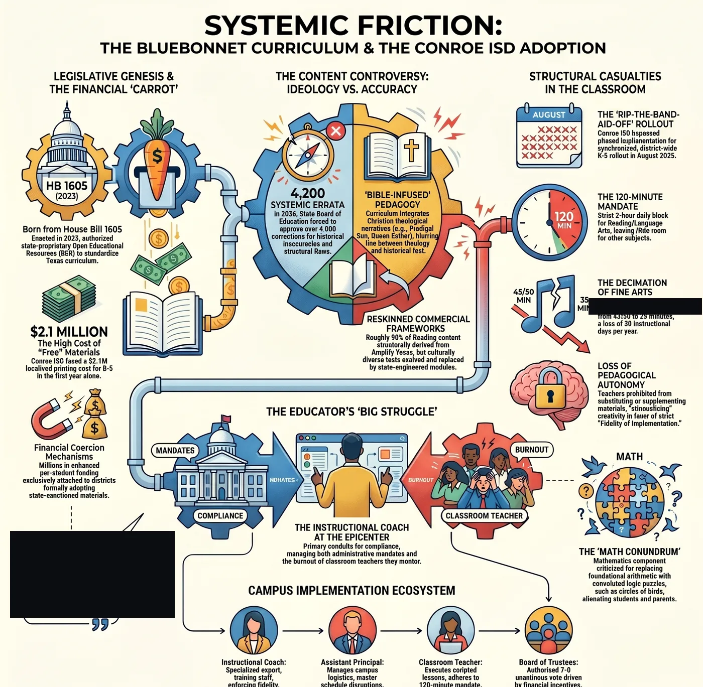 Infographic summarizing the Bluebonnet curriculum funding and adoption mechanism in Conroe ISD.